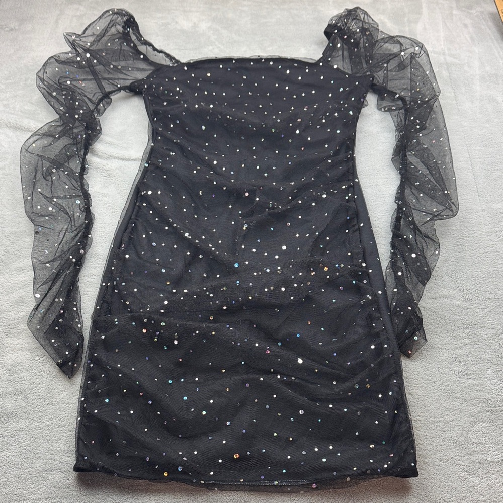 Holiday Party Black Sparkle Dress with Sheer Sleeves